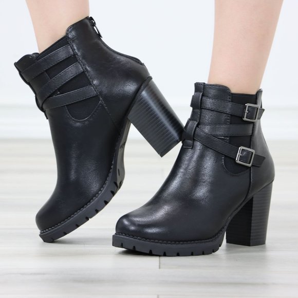 Shoes - Black Ankle Boots Chunky Lug Block Heel Synthetic Leather Round Toe